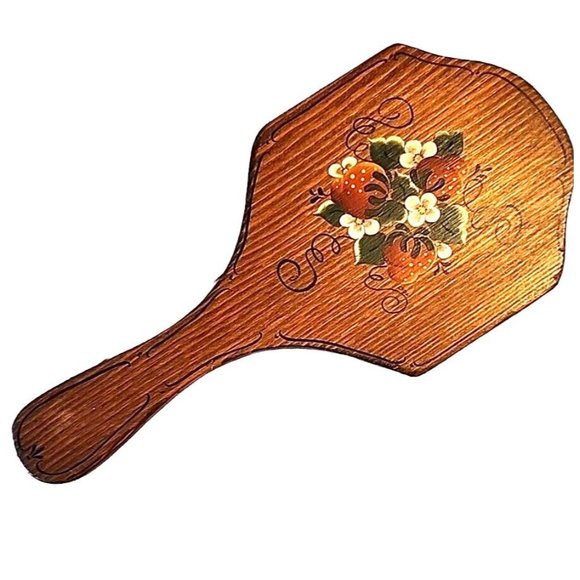 Strawberry Design Hand Mirror Hand-painted Wooden Tole-painted 1980s Vintage - Picture 1 of 7